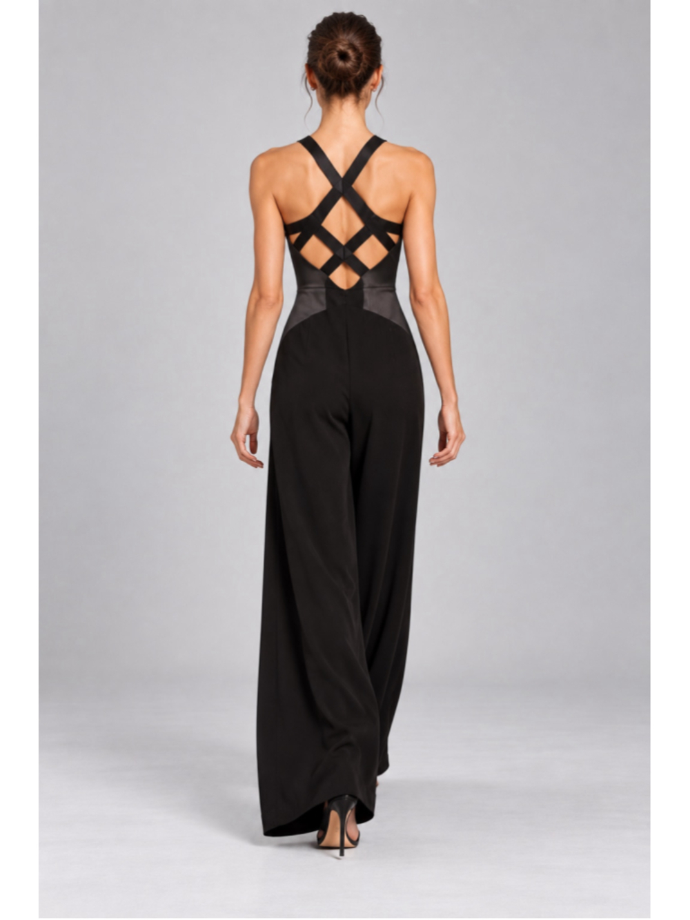 Halston Heritage Black Wide Leg Strappy Open Back Jumpsuit Size 2